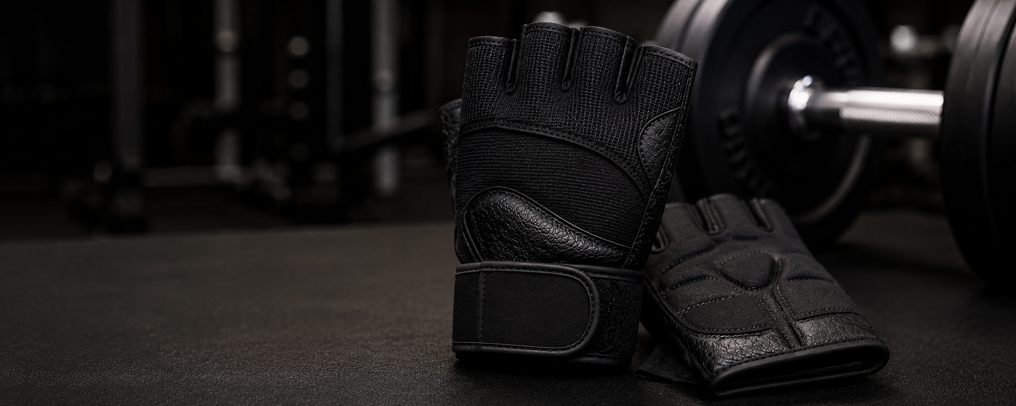 Guantes de gimnasio sobre suelo de gym con barra al fondo